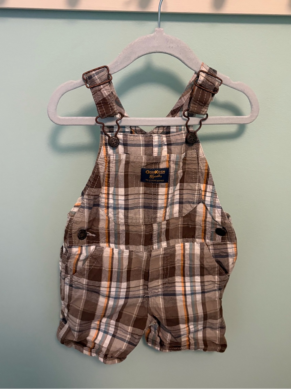 OshKosh Brown Plaid Baby Overalls - Shortall Style